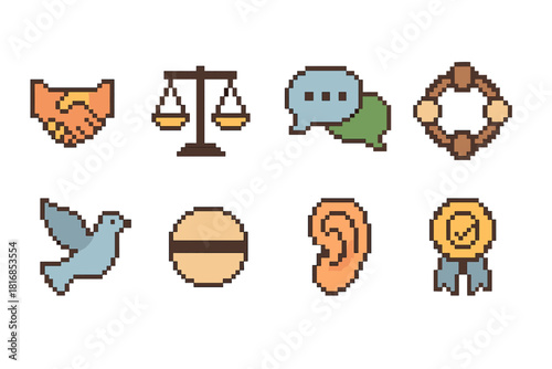 Peace Icons Set. Peacebuilding Strategy Icons pixel style icon set: handshake symbol, balanced scale, open dialogue bubble, mediation circle, calming dove shape, neutral zone