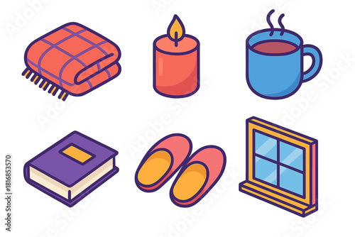 Cozy Essentials Icons. Cozy Moments flat icons set. blanket, candle, mug, book, slippers, window