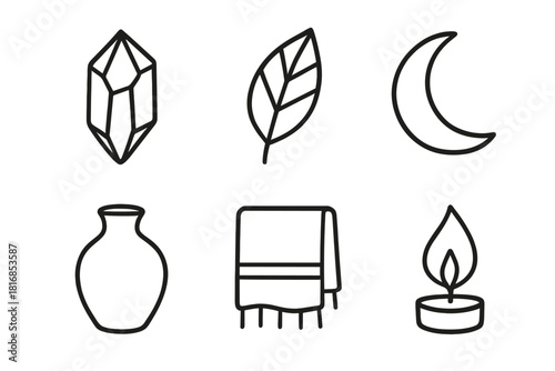 Earthy Icon Collection. Earthy Aesthetic linear icon set. crystal, leaf, moon, vase, textile, candle flame