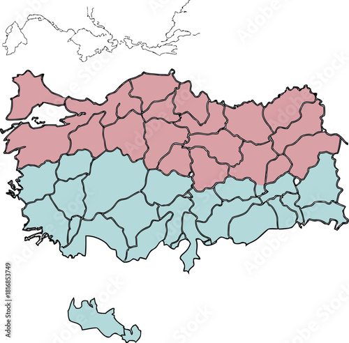 Geographical map of Turkey displaying provincial boundaries and two major regions in contrasting colors.