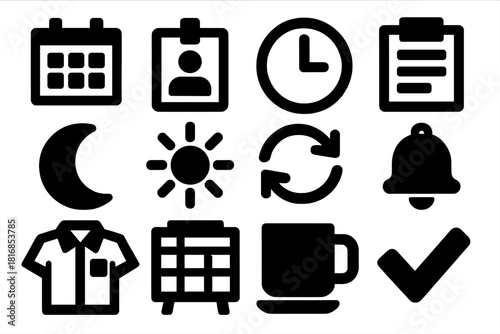 Bold Shift Icons. Shift Scheduling silhouette icon set: calendar grid, badge, time clock, clipboard, moon, sun, rotating arrows, bell, uniform shirt, schedule board, coffee cup