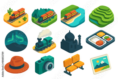 Vibrant Rail Icons. Cultural landscape rail icons flat icons set. desert train crossing, alpine railway, coastal track, rice terrace valley, northern lights sky, steam engine puff