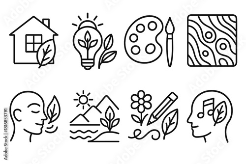 Nature-Inspired Icon Set. Nature-inspired creativity themes linear icon set: biophilic design, seasonal inspiration, earthy palettes, pattern mimicry, sensory awareness, nature