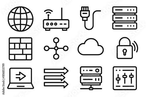 Network Icons Collection. Computer Networking linear icon set. network globe, router icon, data cable, server rack, firewall grid, connection nodes, cloud symbol, signal waves