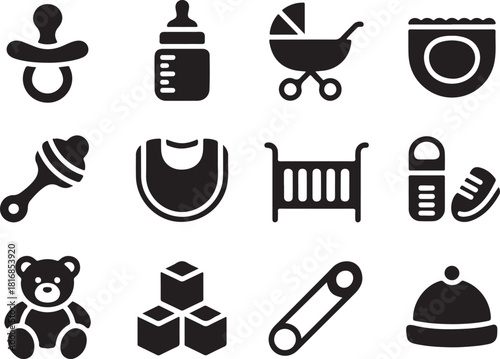 Adorable baby essentials newborn vector icons set
