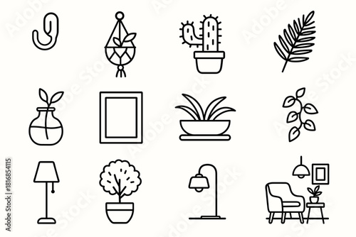 Minimalist Plant Icons. Home Plant Decor linear icon set. wall hook, macramé hanger, small cactus, fern leaf, glass vase, minimalist frame, ceramic planter, pebble base, trailing