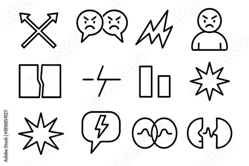 Conflict Iconography. Disagreement Concept linear icon set: crossed arrows, conflicted speech bubble, sharp zigzag, tense figure, divided block, rebuttal line, contrast bar