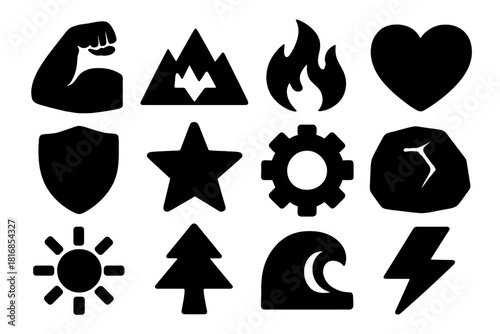 Brutalist Strength Icons. Strength Concept silhouette icon set. strong arm, mountain, flame, heart, shield, star, gear, rock, sun, tree, wave, lightning bolt. , .