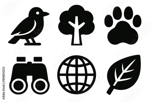 Wildlife Protection Icons. Wildlife Protection silhouette icon set. bird, tree, paw track, binoculars, globe, leaf