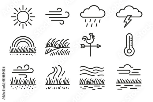 Weather Elements Icons. Grassland Climate & Elements linear icon set: sun rays, gentle breeze, rainfall, distant thundercloud, rainbow arch, clear horizon, rippling field, weather