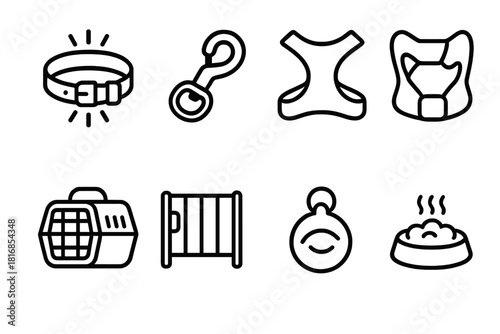Pet Safety Icons. Pet Safety Features linear icon set: reflective collar, secure leash clip, soft harness, safety gate panel, travel carrier, cushioned bed edge, calming tag