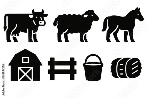 Bold Farm Icons. Animal Domestication Set silhouette icon set. cow, sheep, chicken, horse, barn, fence, bucket, hay.