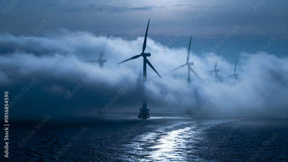 Fototapeta premium Silhouettes of wind turbines rise from fog over a calm sea at dawn, creating a serene atmosphere ideal for nature-themed projects or tranquility-focused designs.