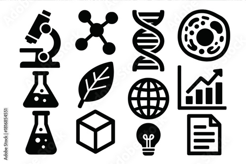Scientific Icon Set. Scientific Wildlife silhouette icon set: microscope, molecular model, DNA helix, animal cell, lab flask, leaf, graph chart, globe, test tube, 3D cube, light