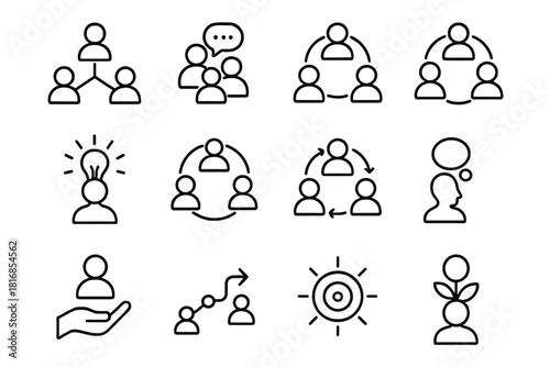Learning Community Icons. Learning Community Symbols linear icon set: learning network, group chat, shared project, discussion circle, idea burst, co-learning ring, teamwork flow