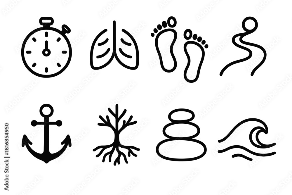 Naklejka premium Mindful Symbols Collection. Mindful Coping linear icon set: stopwatch, breath symbol, footsteps, light path, anchor, tree roots, pebble stack, wave