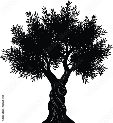 Classic black silhouette of an olive tree with a gnarled trunk and full, leafy canopy, symbolizing peace, isolated on