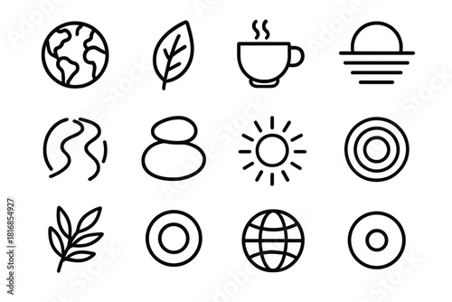 Earth Wellness Icons. Earth-Centric Wellness Pack linear icon set: earth icon, botanical leaf, nourishing cup, calm horizon, grounding path, wellness stone pair, soft aura, natural
