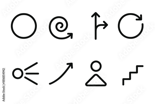 Transformation Icons Collection. Navigating change symbols linear icon set: transformation ring, evolving swirl, branching path, renewal arrow, clarity beam, resilience curve