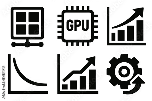 AI Icon Set. AI Training silhouette icon set. dataset icon, GPU processor, model training progress, loss curve, accuracy chart, optimization gear.