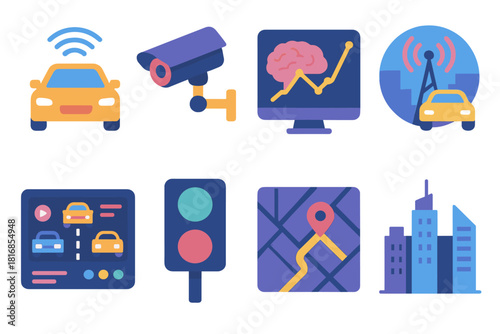 Futuristic Traffic Control. Future Traffic Control flat icon set: autonomous fleet, traffic monitoring camera, predictive AI graph, connected infrastructure, control screen