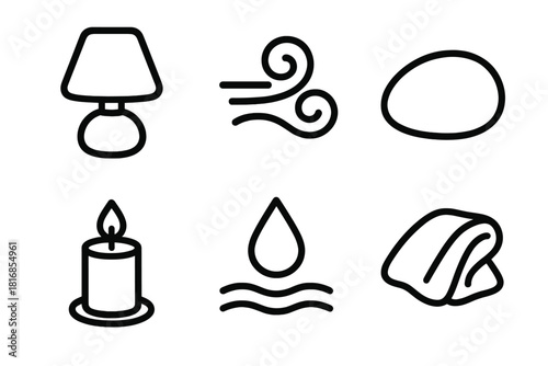 Calming Sensory Icons. Calming Sensory Elements linear icon set: soft glow lamp, gentle breeze swirl, smooth pebble, warm candle, flowing water droplet, plush fabric fold