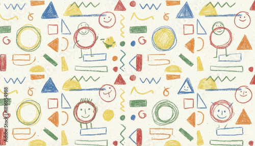 Funky crayon drawn geometric shapes and lines. Colorful pencil or chalk drawn naive Swiss design aesthetic. Basic geometric shapes, dots, playful pattern, primitive forms and figures