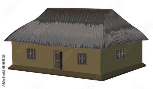 Traditional rural mud house with thatched roof illustration