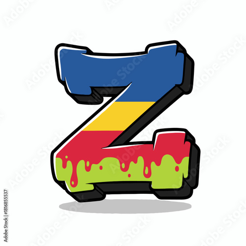 Colorful graffiti-style letter Z with blue, yellow, red, and green sections, dripping.