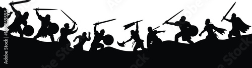 Vector silhouette scene of medieval warriors charging with swords, shields, and axes, ideal for fantasy artwork, battle illustrations, heroic action themes, and historical designs.