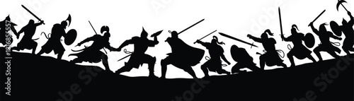 Vector silhouette illustration of medieval warriors charging in battle with swords, shields, and armor, perfect for fantasy themes, historic scenes, action designs, and dramatic artwork.