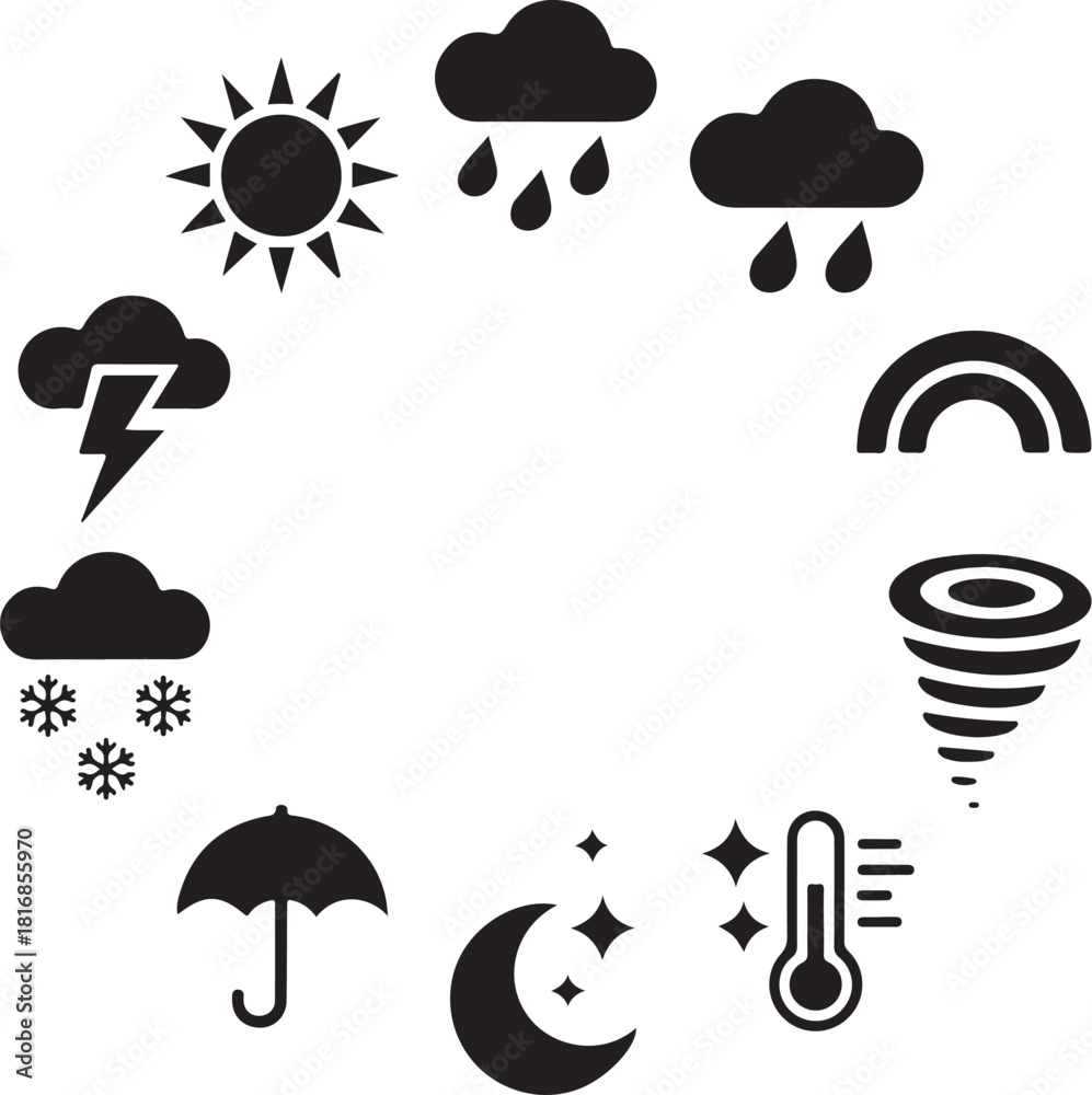 Obraz premium Weather icons forecast sunshine, rain, and storms