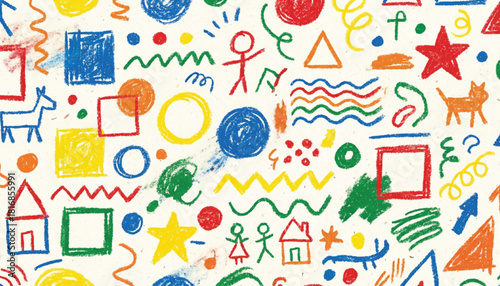Funky crayon drawn geometric shapes and lines. Colorful pencil or chalk drawn naive Swiss design aesthetic. Basic geometric shapes, dots, playful pattern, primitive forms and figures