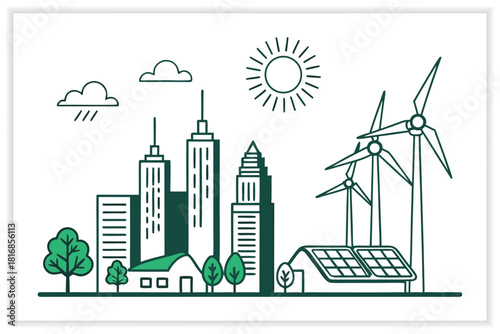 Clean Energy and Renewable Power Illustration Solar, Wind, Hydro, Eco Technology