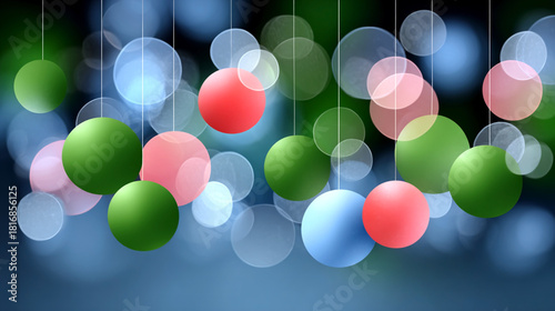 Colorful Christmas ornaments hanging on strings with festive bokeh lights in soft focus background