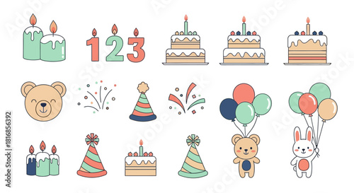 Happy Birthday Celebration Icons Candles, Cakes, Balloons, and Festive Party Elements