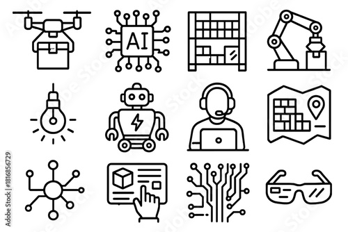 Futuristic Warehouse Icons. Future Warehousing linear icon set. drone delivery, AI system icon, digital warehouse grid, automation arm, holographic screen, smart lighting