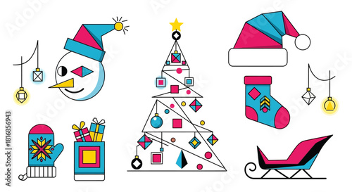 Collection of minimalist Christmas icons in flat design, featuring a snowman, tree, sleigh, mittens, and gifts