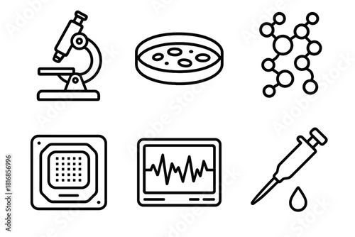 Biotech Research Icons. Biotech Research Set linear icon set: microscope, petri dish, protein model, sequencer chip, analysis graph, lab pipette