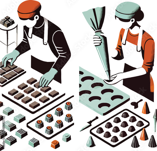 Confectioners creating gourmet chocolates with precision and artistic details for indulgent treats