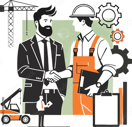 Construction project agreement handshake between businessman and construction worker illustration