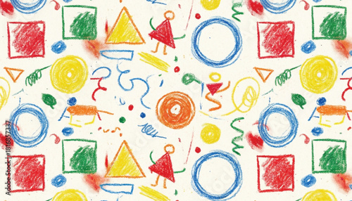 Funky crayon drawn geometric shapes and lines. Colorful pencil or chalk drawn naive Swiss design aesthetic. Basic geometric shapes, dots, playful pattern, primitive forms and figures
