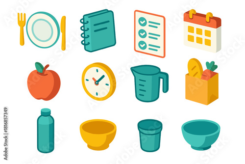 Modern Meal Planning Icons. Meal Planning flat icons set. plate, fork, knife, notepad, checklist, calendar, apple, clock, measuring cup, grocery bag, water bottle, bowl