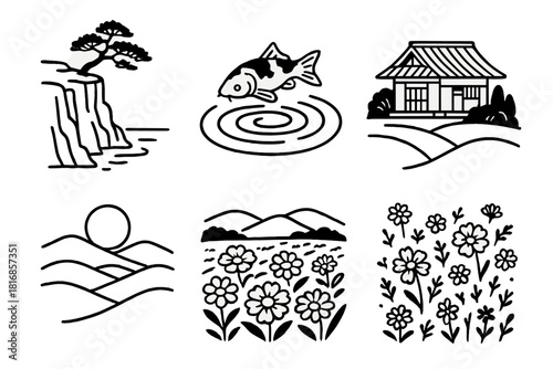 Japanese Scenic Icons. Japan Scenery Set linear icon set: coastline cliff, pine tree, koi pond ripple, countryside house, moon over hills, flower field
