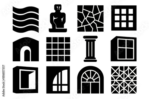 Brutalist Building Icon Set. Artistic building exteriors silhouette icon set: wavy wall, sculpture, mosaic, light panel, arch, texture tile, column, glass, frame, curve, sunburst