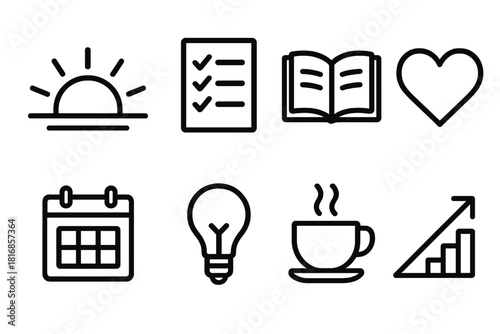 Icons of Growth. Daily Growth linear icon set. sunrise, checklist, journal, heart, calendar, light bulb, coffee cup, progress arrow
