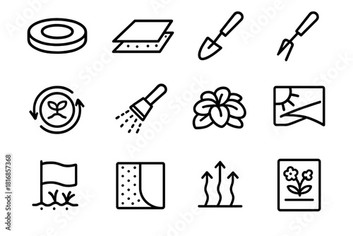 Natural Garden Management Icons. Natural Garden Weed Management Elements linear icon set: mulch ring, soil smothering sheet, weed hoe, root digger, compost boost symbol