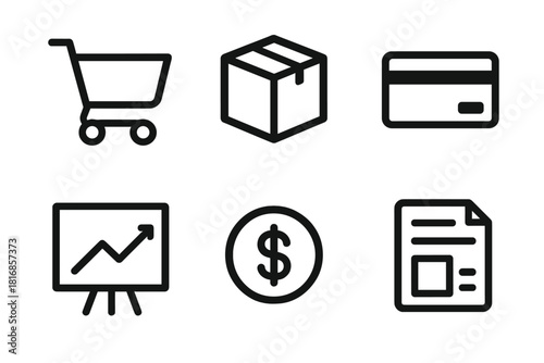 E-commerce Icons Set. E-commerce business model linear icon set. shopping cart, product box, credit card, chart board, dollar coin, report document.