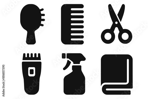 Bold Grooming Icons. Grooming Tools silhouette icon set: brush, comb, scissors, clipper, spray bottle, towel