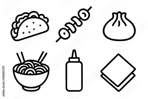 Street Food Icons. Street Food linear icon set. taco, skewer, dumpling, noodle bowl, sauce bottle, napkin